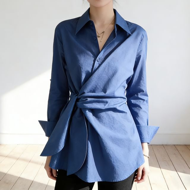 Everose-Long-Sleeve Plain Shirred Wrap Shirt