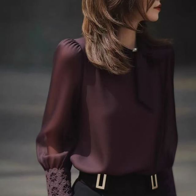 Everose-Long-Sleeve Round Neck Plain Lace Panel Blouse