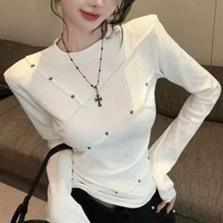 Everose-Long-Sleeve Round Neck Plain Studded T-Shirt