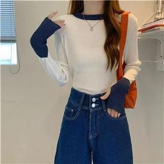 Everose-Long-Sleeve Round Neck Two Tone Knit Top
