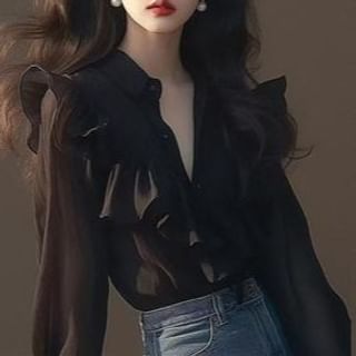 Everose-Long-Sleeve Ruffle Chiffon Plain Shirt