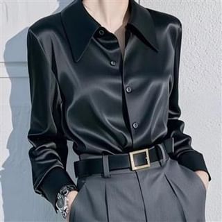 Everose-Long-Sleeve Satin Plain Shirt