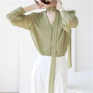 Everose-Long-Sleeve Scarf Neck Button-Up Plain Blouse
