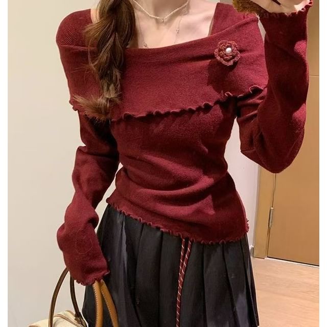 Everose-Long-Sleeve Square Neck Plain Knit Top