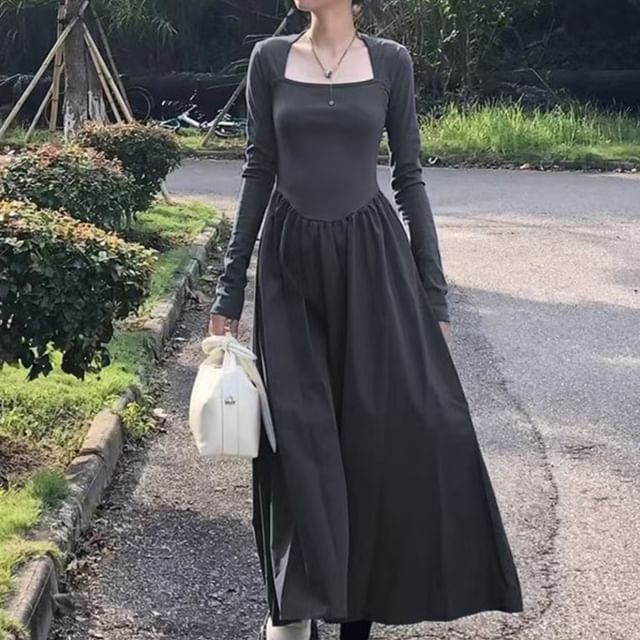Everose-Long-Sleeve Square Neck Plain Maxi A-Line Dress
