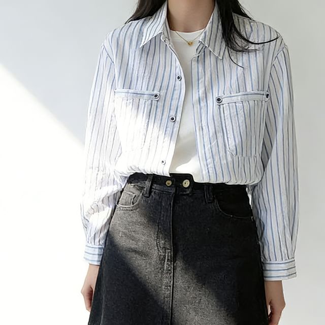 Everose-Long-Sleeve Striped Button-Up Shirt