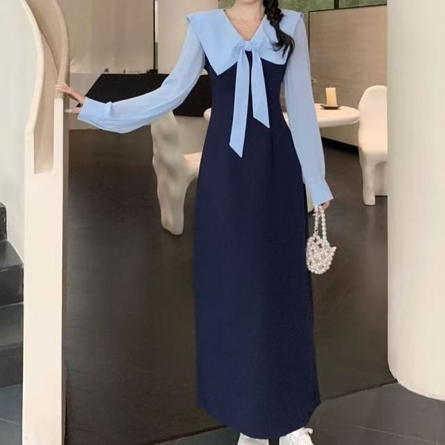 Everose-Long-Sleeve Two Tone Collared Maxi A-Line Dress