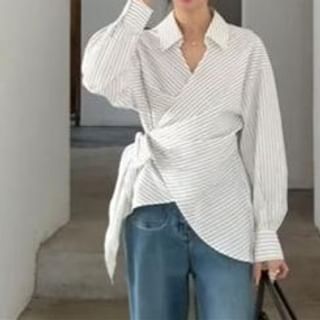 Everose-Long-Sleeve V-Neck Collared Striped Asymmetrical Ruched Blouse