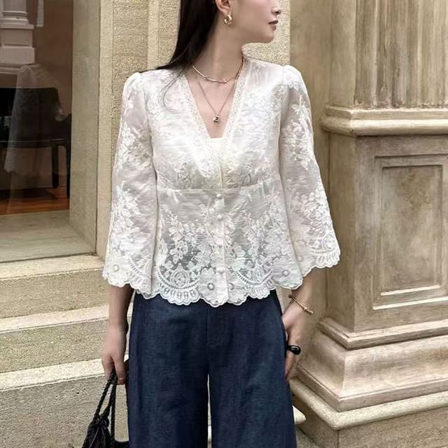 Everose-Long-Sleeve V-Neck Lace Blouse