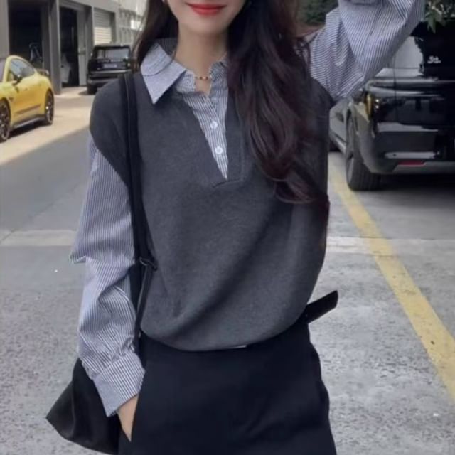 Everose-Long-Sleeve V-Neck Mock Two Piece Shirt