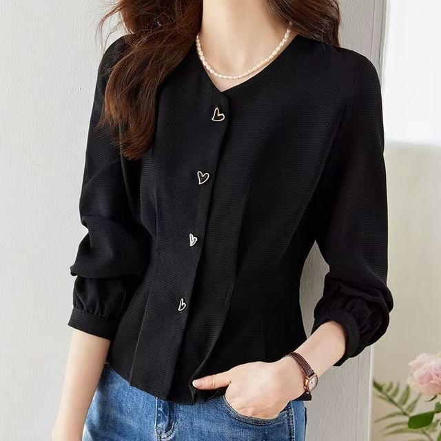 Everose-Long-Sleeve V-Neck Plain Blouse
