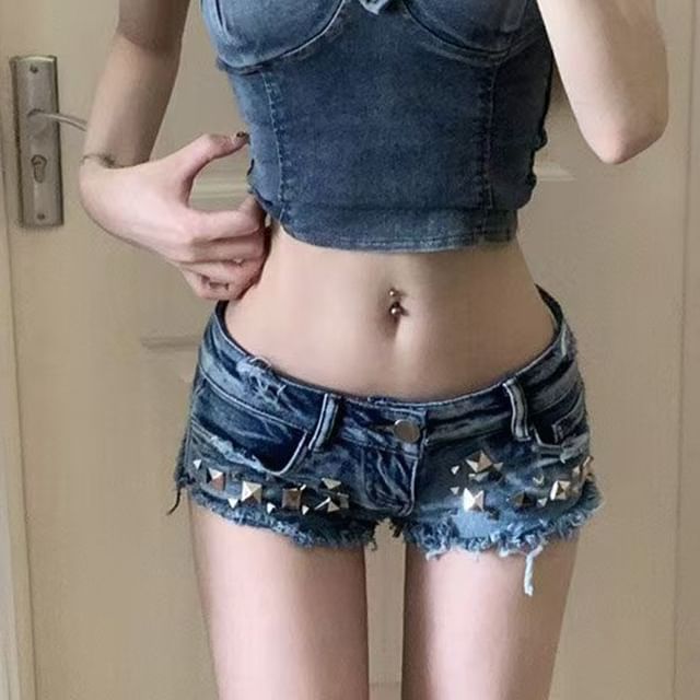Everose-Low Rise Studded Denim Hot Pants