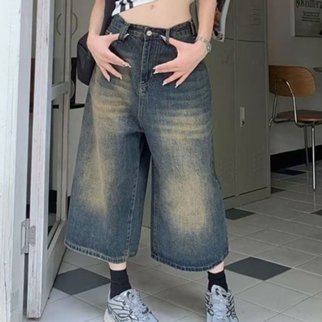Everose-Low Rise Washed Capri Wide Leg Jeans