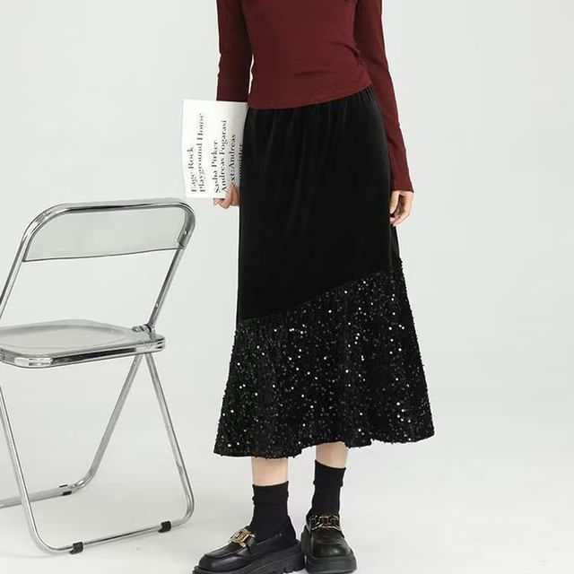Everose-Mid Rise Plain Glitter Panel Midi A-Line Skirt
