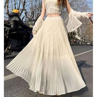 Everose-Mid Rise Plain Maxi A-Line Pleated Skirt