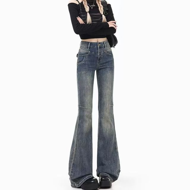 Everose-Mid Rise Studded Flared Jeans
