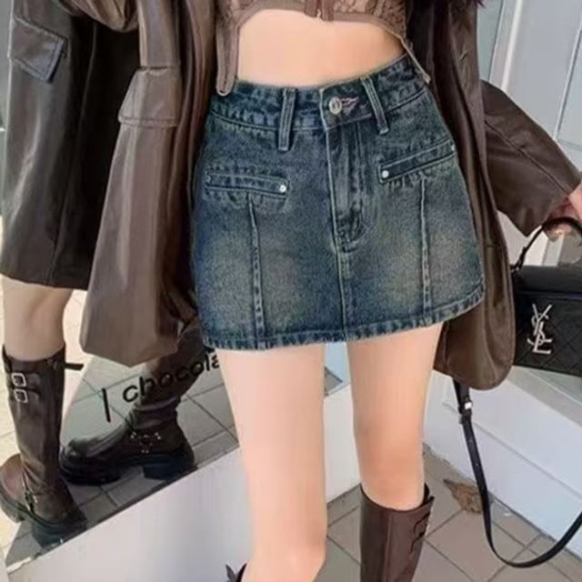 Everose-Mid Rise Washed Denim Mini A-Line Skirt