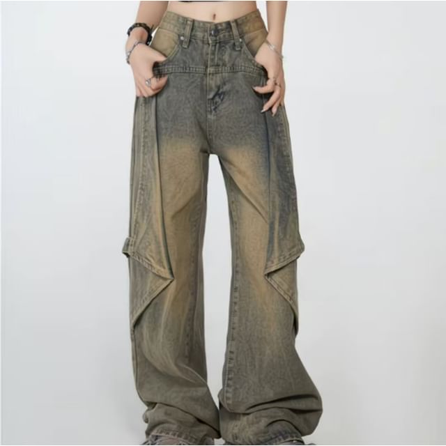 Everose-Mid Rise Washed Panel Baggy Jeans
