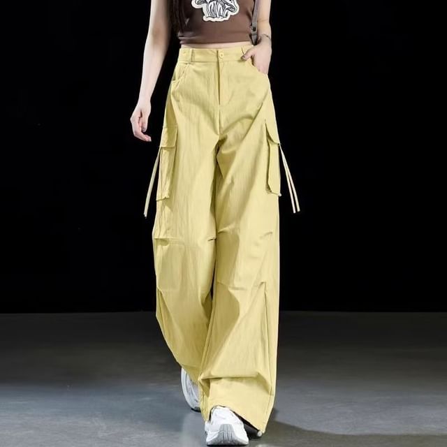 Everose-Mid Waist Plain Wide Leg Cargo Pants
