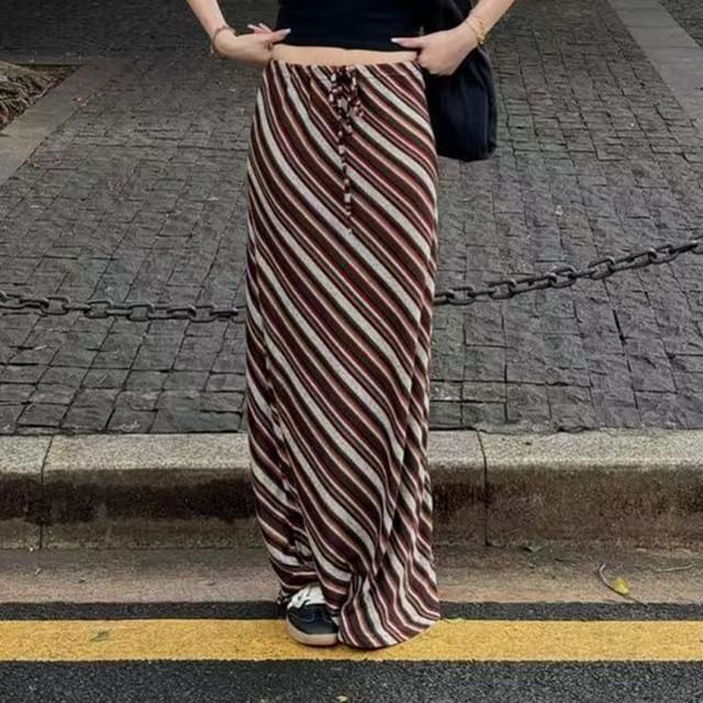 Everose-Mid Waist Striped Maxi A-Line Skirt