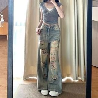 Everose-Mid Waist Washed Ripped Flared Jeans