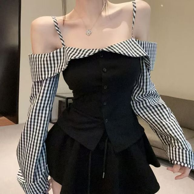 Everose-Mock Two-Piece Cold-Shoulder Long-Sleeve Gingham Panel Mini A-Line Dress