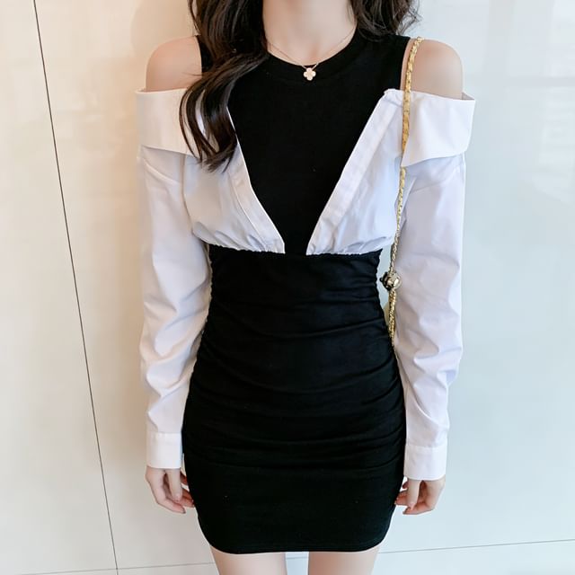 Everose-Mock Two-Piece Cold-Shoulder Long-Sleeve Two-Tone Mini Bodycon Dress