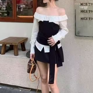 Everose-Mock Two-Piece Elbow-Sleeve Off-Shoulder Striped Panel Knot Slim Fit Top
