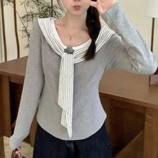 Everose-Mock Two-Piece Long-Sleeve Striped Panel Slim Fit Tee
