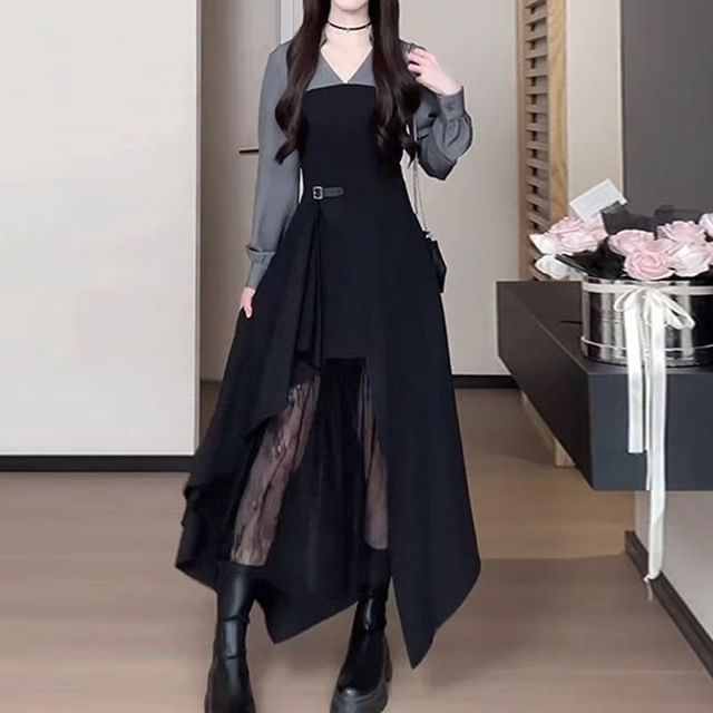 Everose-Mock Two-Piece Long-Sleeve V-Neck Collared Asymmetrical Lace Panel Midi A-Line Dress