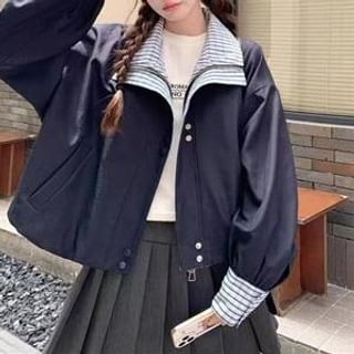 Everose-Mock Two-Piece Stand Collar Plaid Panel Zip Jacket