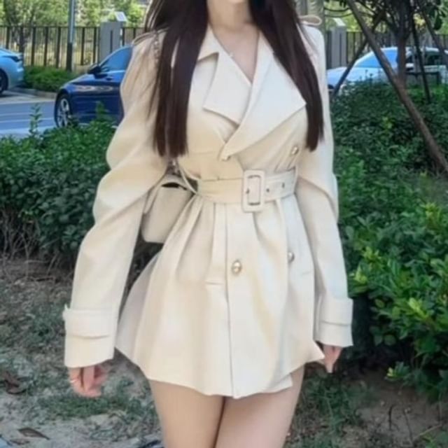 Everose-Notch Lapel Plain Belted Double-Breasted Trench Jacket
