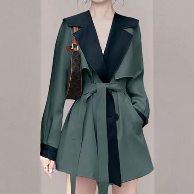 Everose-Notch Lapel Two Tone Tie Waist Trench Jacket
