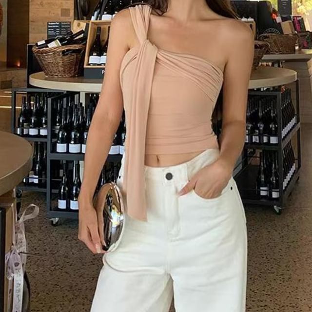 Everose-One-Shoulder Plain Knotted Top