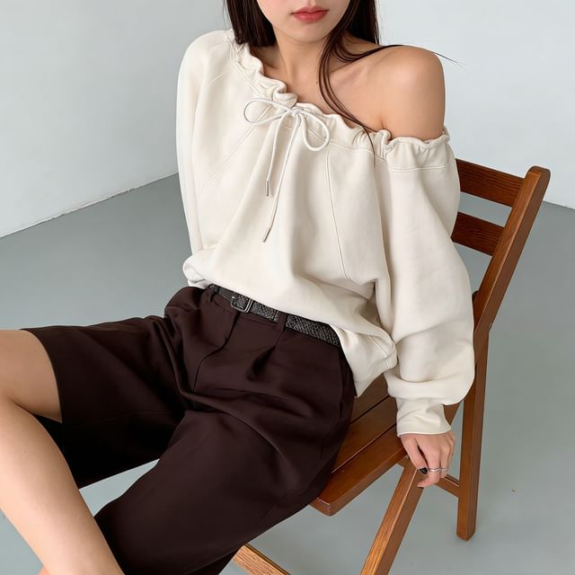 Everose-One-Shoulder Plain Long-Sleeve Drawstring Sweatshirt