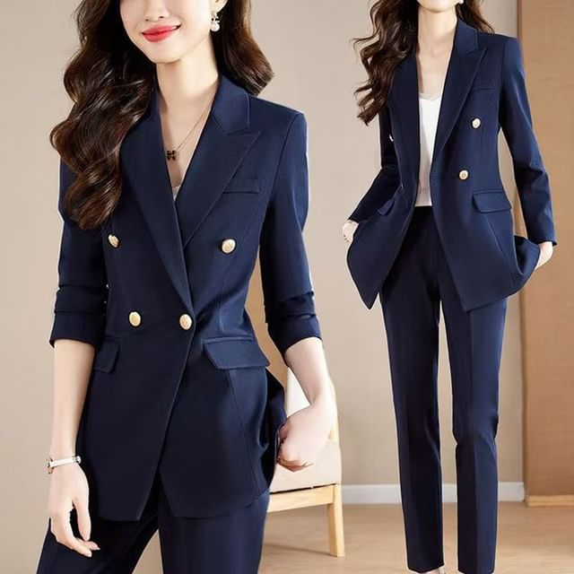 Everose-Peak Lapel Plain Double-Breasted Blazer