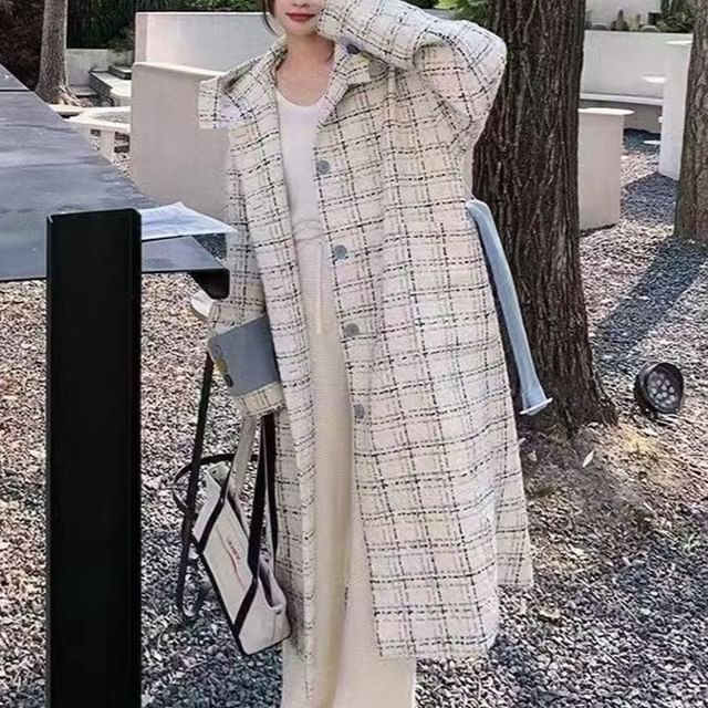 Everose-Plaid Hooded Midi Single-Breasted Coat