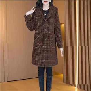 Everose-Plaid Pocket Detail Midi Single-Breasted Coat