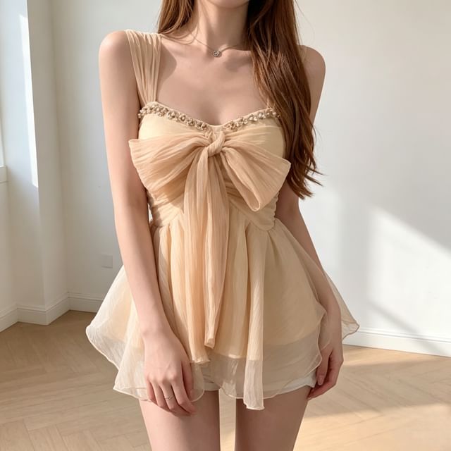 Everose-Plain Bow Rhinestone Camisole Top