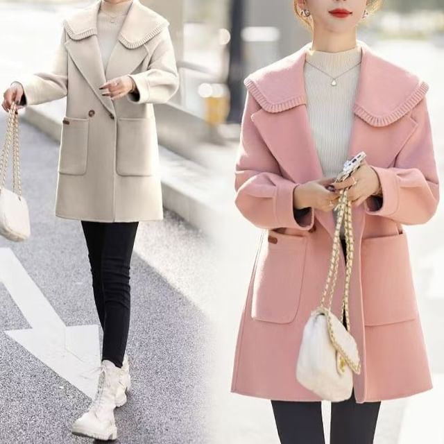 Everose-Plain Double-Breasted Coat