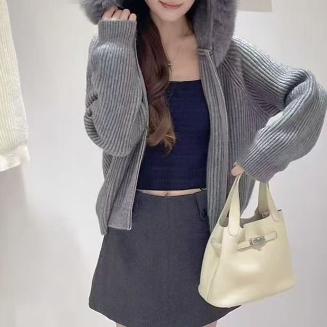 Everose-Plain Fluffy Trim Hood Ribbed Zip Cardigan