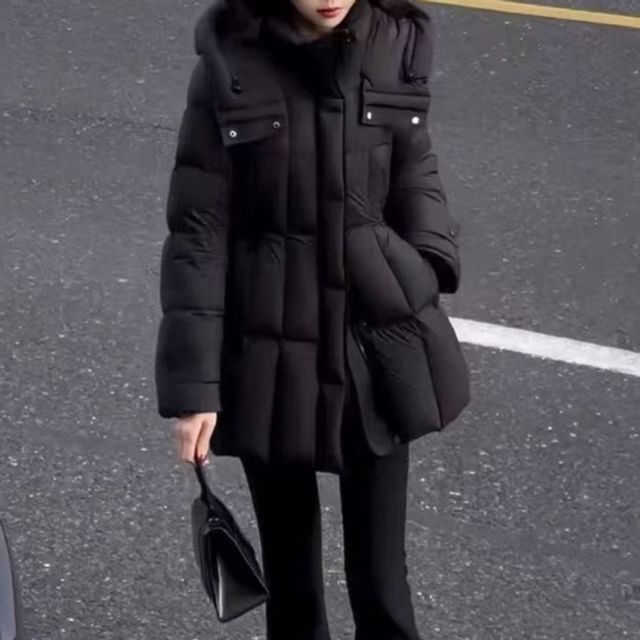 Everose-Plain Hooded Long Zip Puffer Coat