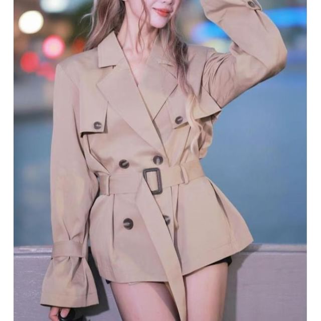 Everose-Plain Tie-Waist Double-Breasted Trench Jacket
