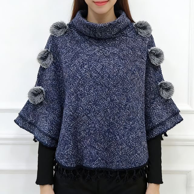 Everose-Pom Pom Fringed Poncho
