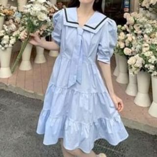 Everose-Puff-Sleeve Collar Plain Contrast Trim Sundress