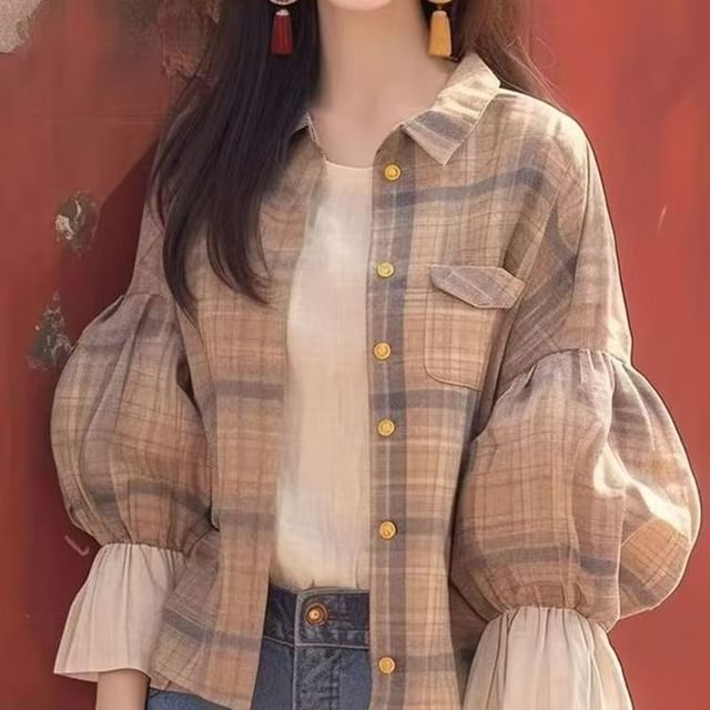 Everose-Puff Sleeve Collared Plaid Button Up Shirt