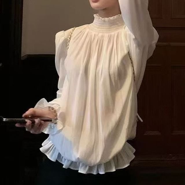 Everose-Puff-Sleeve High Neck Plain Ruffled Blouse