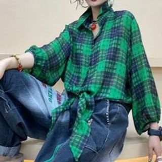 Everose-Puff-Sleeve Plaid Tie-Front Shirt