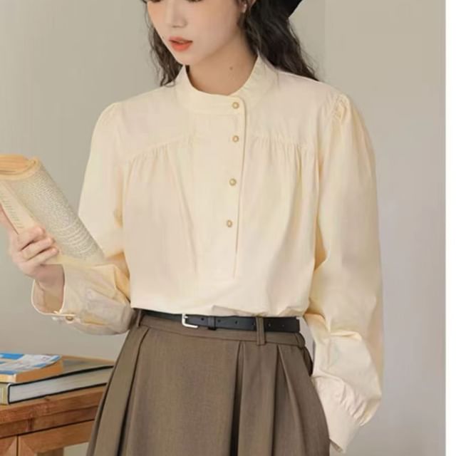 Everose-Puff-Sleeve Plain Button-Up Blouse
