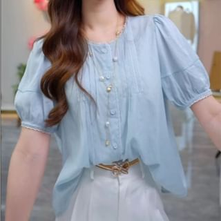 Everose-Puff-Sleeve Plain Lace Trim Shirt